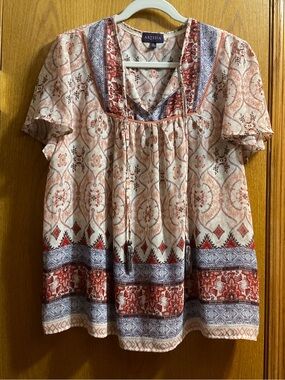 Women's Artesia Boho Peasant Blouse Mixed Print with tassel details. Semi Sheer